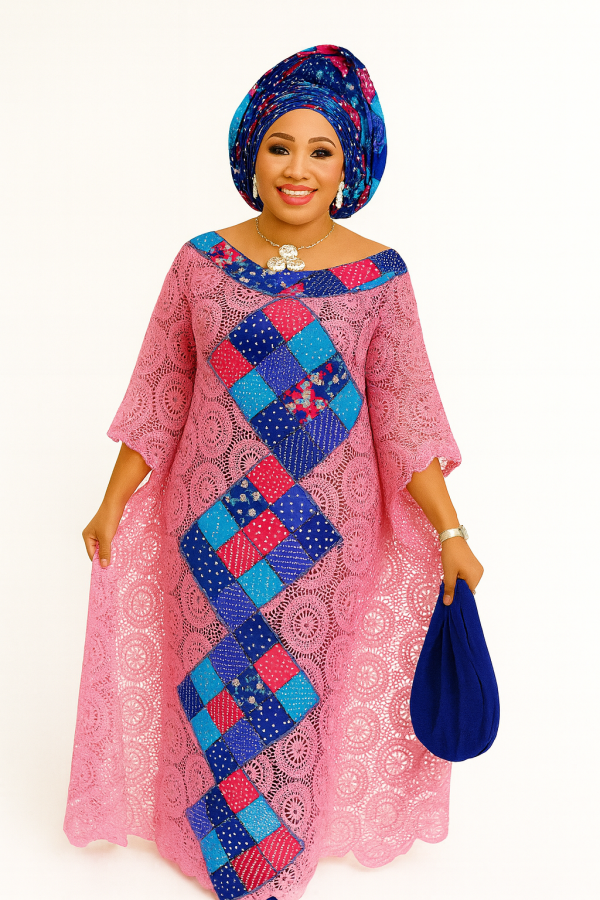 Vibrant Patchwork Lace Maxi Gown with Gele