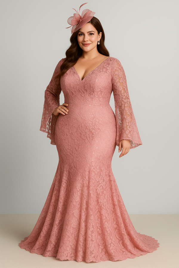 Elegant Lace Mermaid Gown with Flared Sleeves