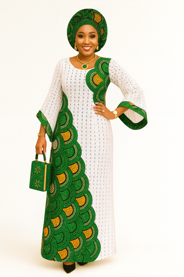 Elegant African Lace & Ankara Maxi Gown with Matching Gele