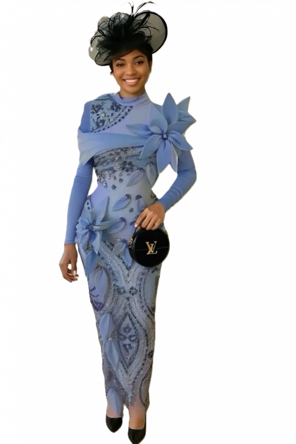 Light Blue Embellished Floral Gown