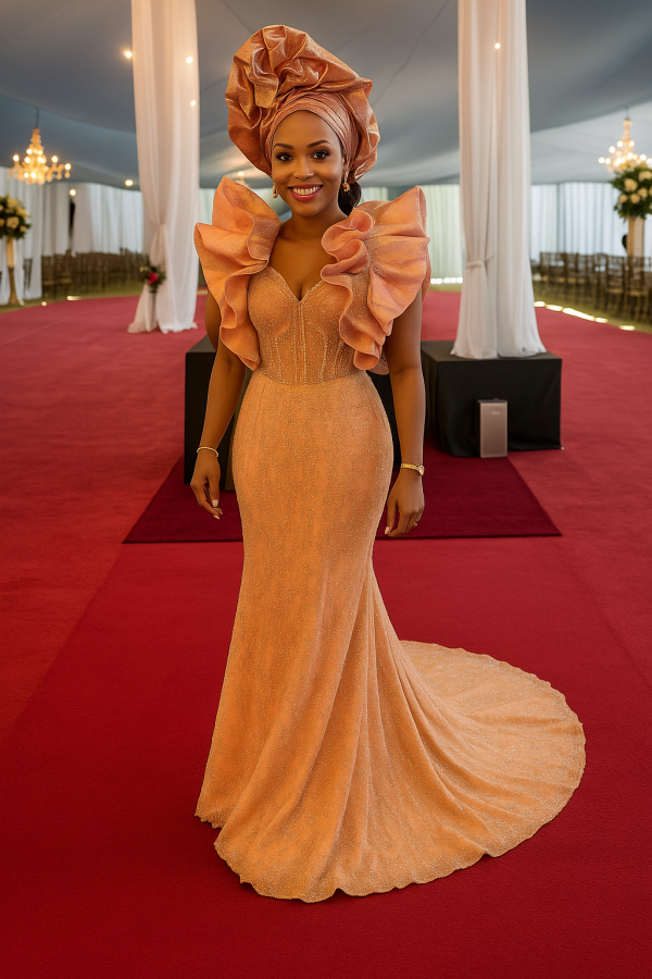 Rose Gold Beaded Ruffle Gown size Medium (8-10) $600 Rental (Free US & Canada Shipping)