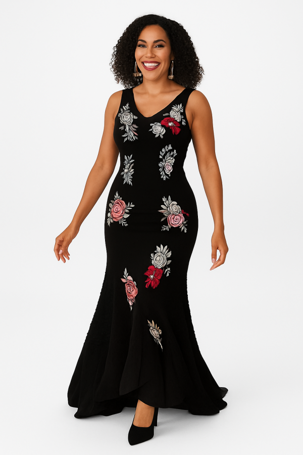 Elegant Black Floral Embroidered Mermaid Gown Size: Small (6-8) | Rental Price $28.5